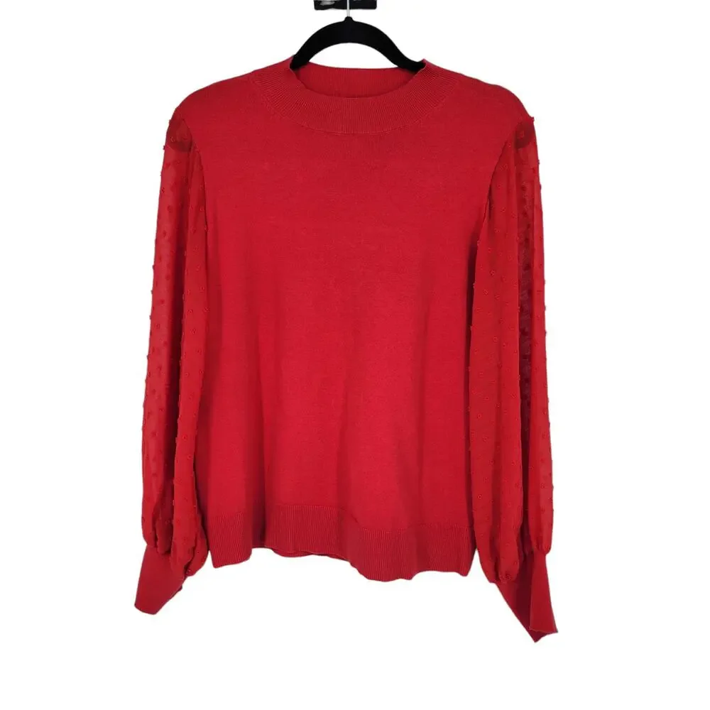 Cece Women's Red Mock Neck Clip Dot Sheer Long Sleeve Sweater Top Size Medium